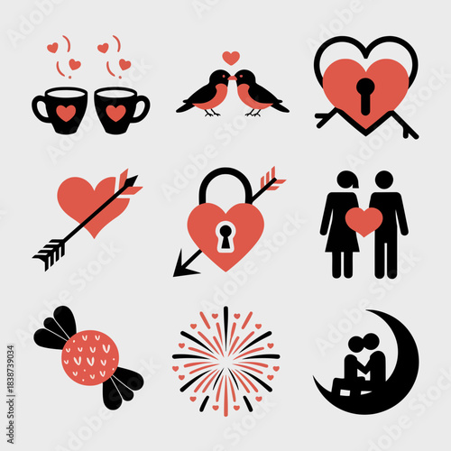 Collection of romantic symbols including hearts, couples, and lovethemed icons on