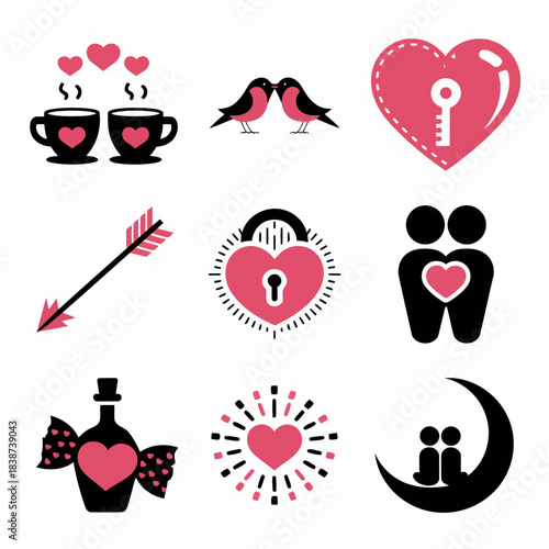 Romantic symbols including hearts, keys, arrows, and couples for valentines day and lovethemed designs