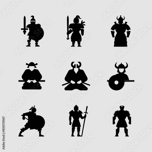 Collection of nine black silhouette warriors in various medieval and fantasy poses, including knights, samurai, and barbarians