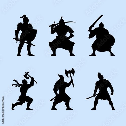Set of six medieval warriors with swords and shields in dynamic poses on a light blue background