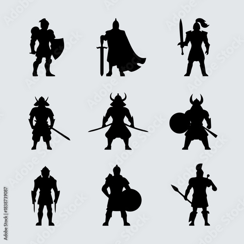 Collection of nine medieval warriors with shields and weapons in black silhouette style on