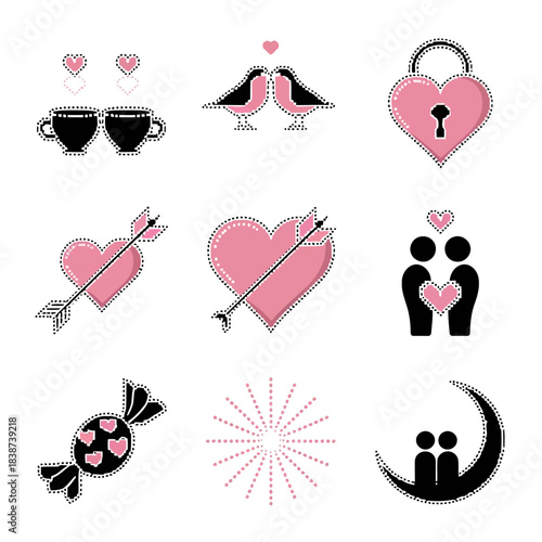 Romantic valentines day icons featuring hearts, love symbols, and couple illustrations on