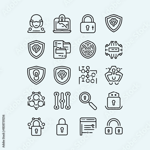 Set of security and privacy icons including lock, shield, fingerprint, and network symbols