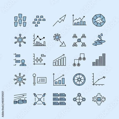 Collection of various icons representing data analysis, business, technology, and science concepts