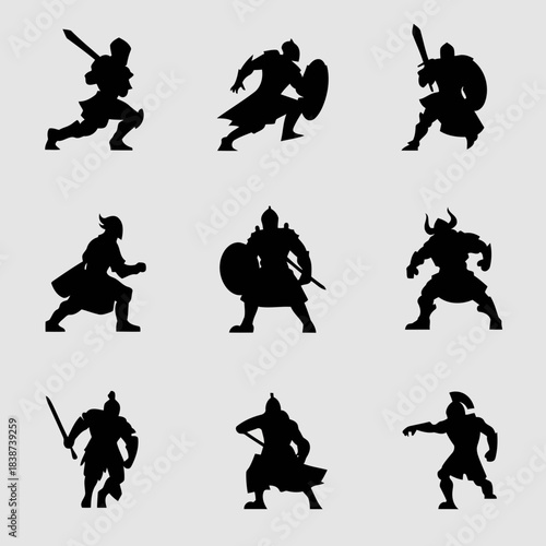 Silhouettes of medieval warriors in various combat poses, isolated on