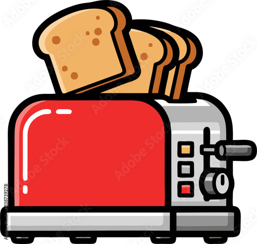 Red toaster with golden brown toast slices popping out, ready for breakfast.