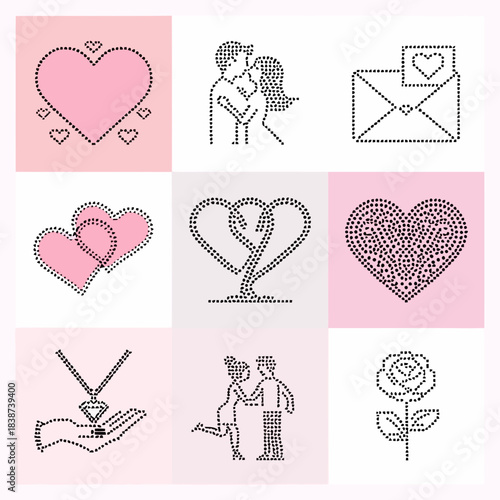 Romantic doodle art with hearts, flowers, and couples in various loving poses, isolated on
