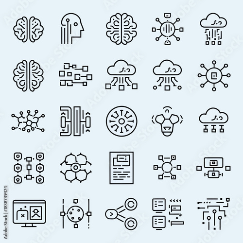 Set of icons representing artificial intelligence, machine learning, and data processing concepts