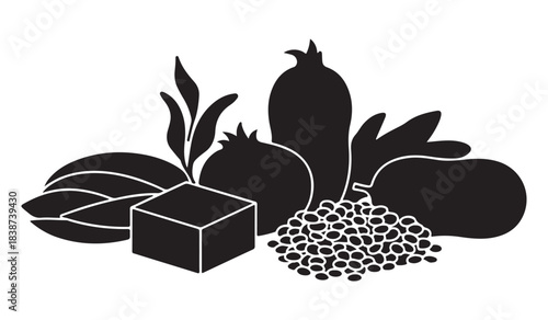  Arrangement of various fruits vegetables and spices in a stark black silhouette