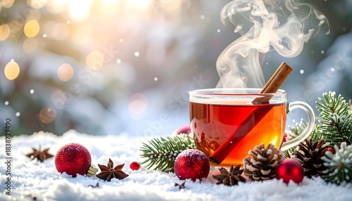 Steaming cup of spiced holiday tea with festive Christmas ornaments and pine cone in the snow.