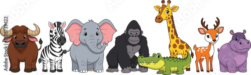 Large Vector Collection of Cute Cartoon Safari and Jungle Animals, Including Elephant, Zebra, Giraffe, Gorilla, and Hippo for Children's Design