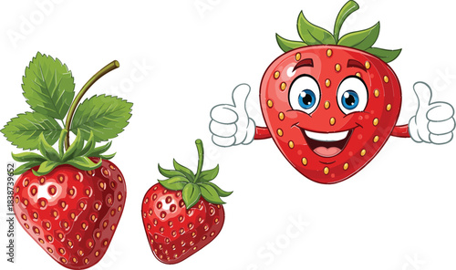 Vector Collection of Ripe Red Strawberries, Featuring Realistic Fruit Illustrations and a Cheerful Cartoon Mascot Giving a Thumbs Up Sign
