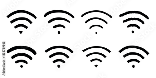 Set of hand drawn free wifi spot zone sign Public wi-fi area sign Wireless internet clipart in doodle style Single element for print, web, design, decor 3G, 4G, 5G, 6G, IoT