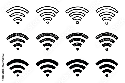 Set of hand drawn free wifi spot zone sign Public wi-fi area sign Wireless internet clipart in doodle style Single element for print, web, design, decor 3G, 4G, 5G, 6G, IoT