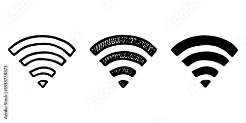 Set of hand drawn free wifi spot zone sign Public wi-fi area sign Wireless internet clipart in doodle style Single element for print, web, design, decor 3G, 4G, 5G, 6G, IoT