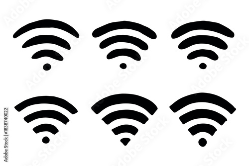 Set of hand drawn free wifi spot zone sign Public wi-fi area sign Wireless internet clipart in doodle style Single element for print, web, design, decor 3G, 4G, 5G, 6G, IoT