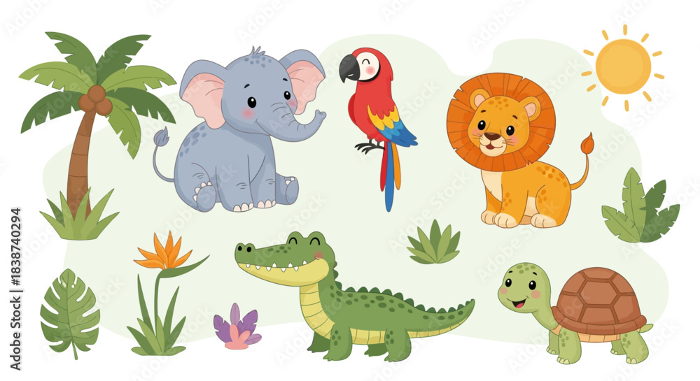 Naklejka premium Adorable cartoon jungle animals including an elephant, lion, parrot, crocodile, and turtle in a vibrant tropical setting