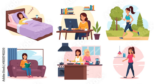 Diverse daily routines and activities of women including exercise, work, relaxation, and cooking