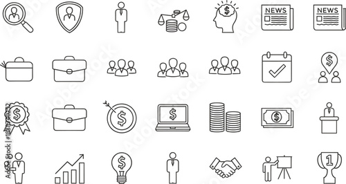 Business and finance icon set, black line vector symbols, corporate strategy, financial planning, professional development concept