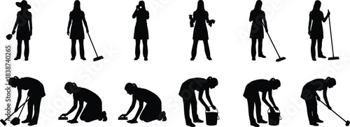 Silhouette cleaning activity sequence, black vector art, domestic task poses, posture illustration, household chore gesture reference concept