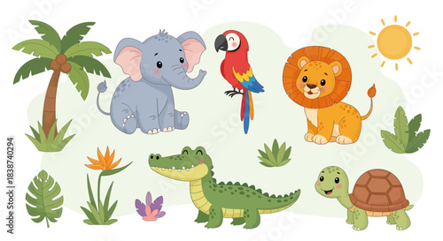 Adorable cartoon jungle animals including an elephant, lion, parrot, crocodile, and turtle in a vibrant tropical setting