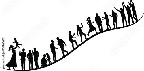 Silhouette human life cycle, aging progression, black vector art, generational timeline, emotional development, growth and aging illustration