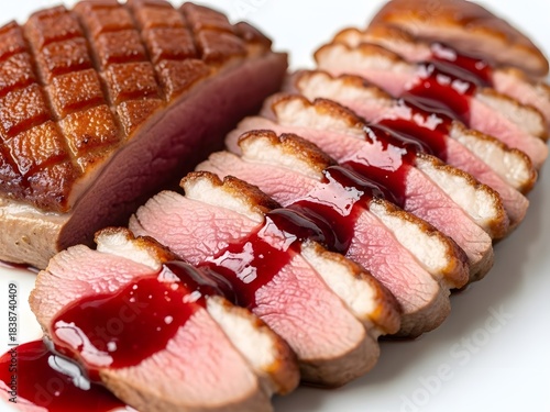 Sliced roasted duck breast with berry sauce on white background