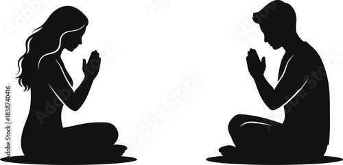 Silhouette meditation duo, spiritual connection, mindfulness pose, black vector art, peaceful gesture, mutual respect, wellness illustration, calm lifestyle concept
