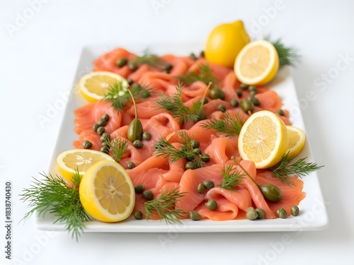 Smoked salmon appetizer with lemons capers and dill on a white plate