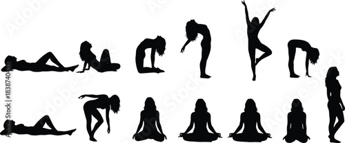 Silhouette pose collection, seated standing stretching gestures, black vector art, body movement reference, yoga dance anatomy illustration