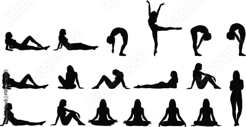 Silhouette posture collection, seated and standing poses, stretching gestures, black vector art, body t