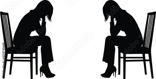 Silhouette seated reflection, introspective pose, mirrored figures, black vector art, emotional po