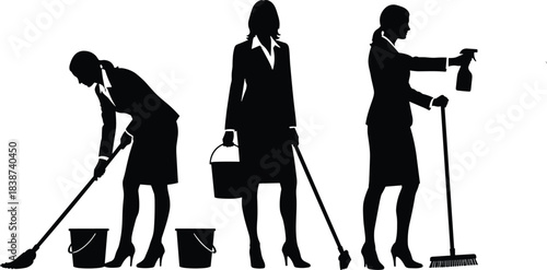 Silhouette women cleaning in formal wear, black vector art, social roles contrast, domestic work, 