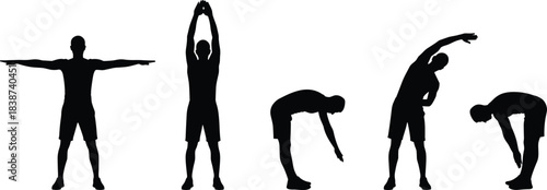Silhouette stretching poses, fitness warm-up, flexibility exercise, black vector art, human motion, wellness illustration, body movement sequence, healthy lifestyleSilhouette 