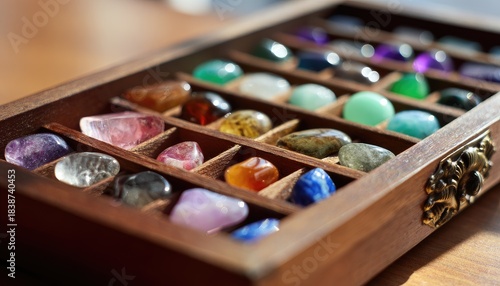 Collection of Colorful Polished Gemstones in a Wooden Box.