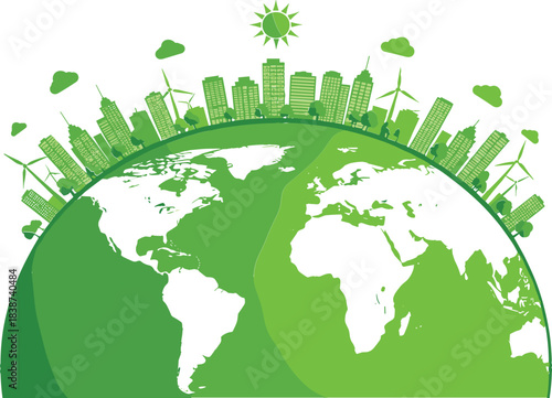 Global Green City Vector Illustration on Earth Globe, Symbolizing Environmental Sustainability, Renewable Energy, Eco-Friendly Development, and Conservation