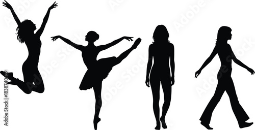 Silhouette women movement poses, dynamic and static gestures, black vector art, graceful motion, lifestyle illustration, posture and balance and balance concept