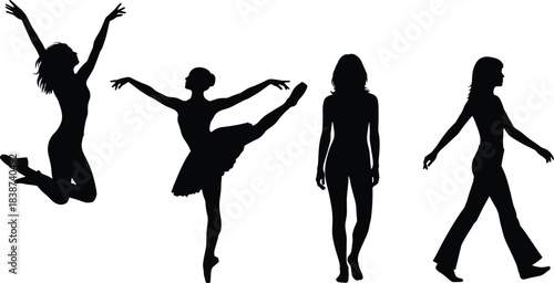 Silhouette women in motion, graceful and casual poses, black vector art, body language, lifestyle illustration, movement and balance concept