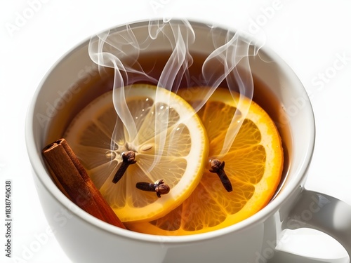 Steaming herbal tea with lemon slices and cinnamon stick in white ceramic cup
