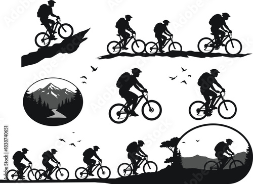 Mountain biking silhouettes, outdoor adventure scenes, forest and cliff terrain, dynamic cyclist poses, scenic backgrounds, nature exploration, black illustration, motion, sport