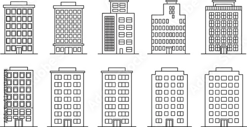 Large Outline Vector Collection of Ten Urban Office and Residential Buildings, Ideal for Cityscape Construction, Real Estate, and Architectural Design