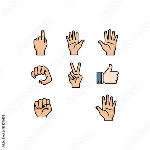 Collection of diverse human hand gestures and signs, illustrating various actions and expressions in a flat design style.