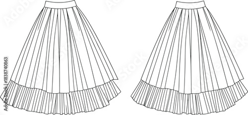 Pleated skirt sketch, fashion cad drawing, flat vector illustration, layered design, waistband detail, flare silhouette, garment construction, pattern making