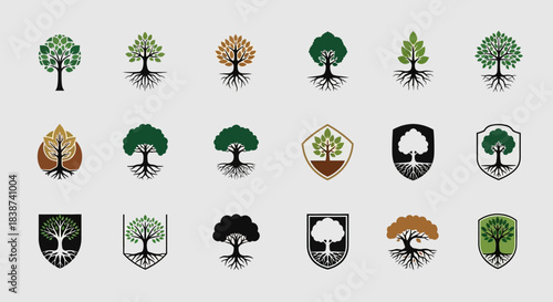 Collection of stylized tree logos, showcasing diverse designs with roots and shields, representing nature and heritage