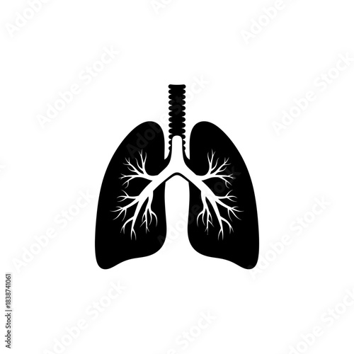 Black silhouette icon of human lungs with trachea and bronchial tree on white background, representing the respiratory system.