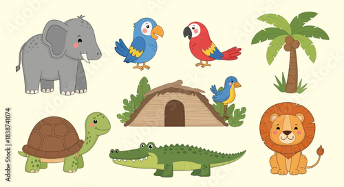 A charming collection of cheerful cartoon jungle animals and vibrant exotic wildlife illustrations, perfect for kids' designs, educational materials, and playful themed projects
