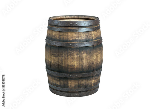 Wooden Barrel with Metal Hoops Isolated on White