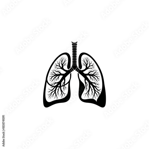 Detailed black silhouette illustration of human lungs, trachea, and the intricate bronchial tree.