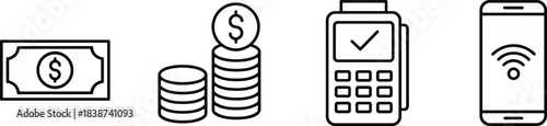 Payment method icons, cash, coins, POS terminal, mobile transaction, financial symbols, flat vector illustration
