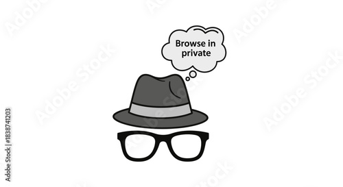 Online privacy concept fedora hat, glasses, 'Browse in private' thought bubble. Symbolizes anonymous internet browsing and secure digital access